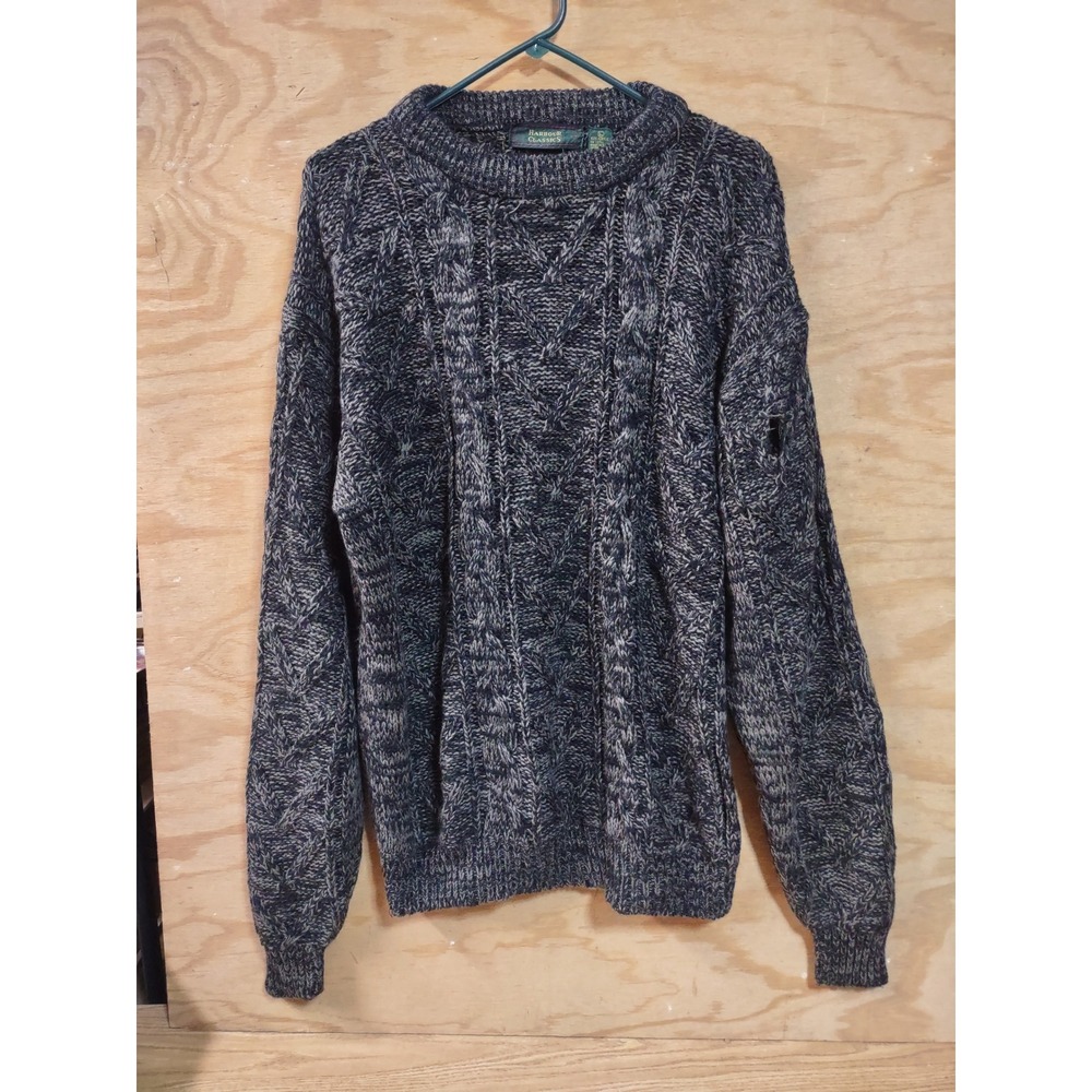 Harbour Classics Mens Large Cable Knit Sweater Navy Blue Grey Crew Neck Vintage
